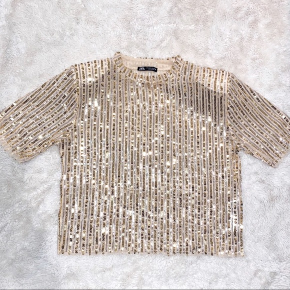 Zara Tops - ZARA SEQUIN HIGH NECK CROP BLOUSE- GOLD
